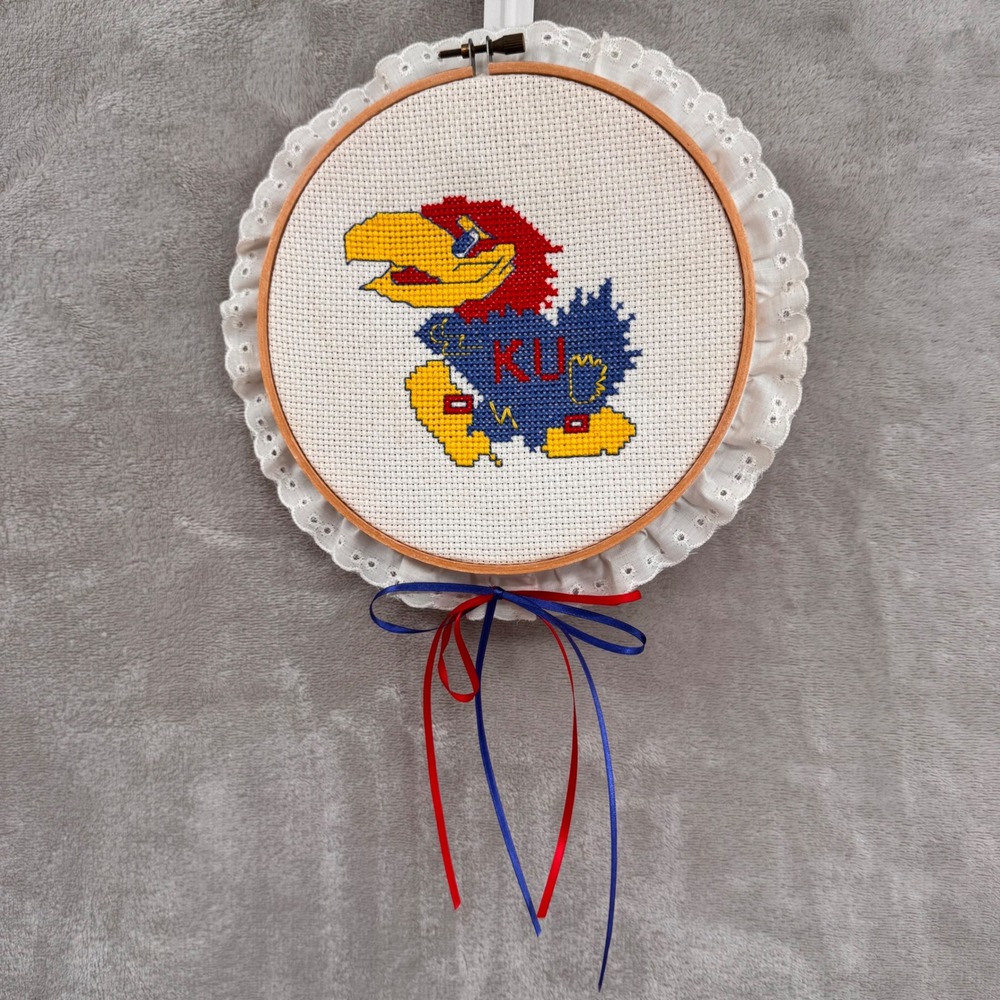 Handmade Kansas Jayhawks KU Mascot Cross Stitch Embroidery Hoop Wall Decor 7in